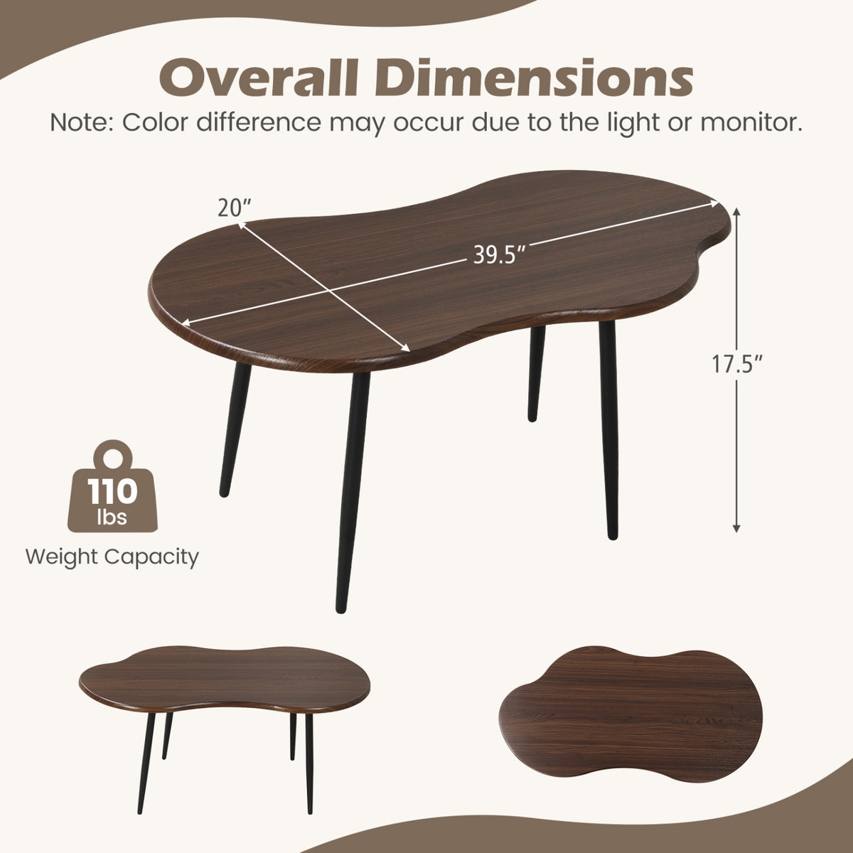 Cloud Shape Coffee Table 39.5 inch Irregular Center Table with Metal Frame-Walnut
