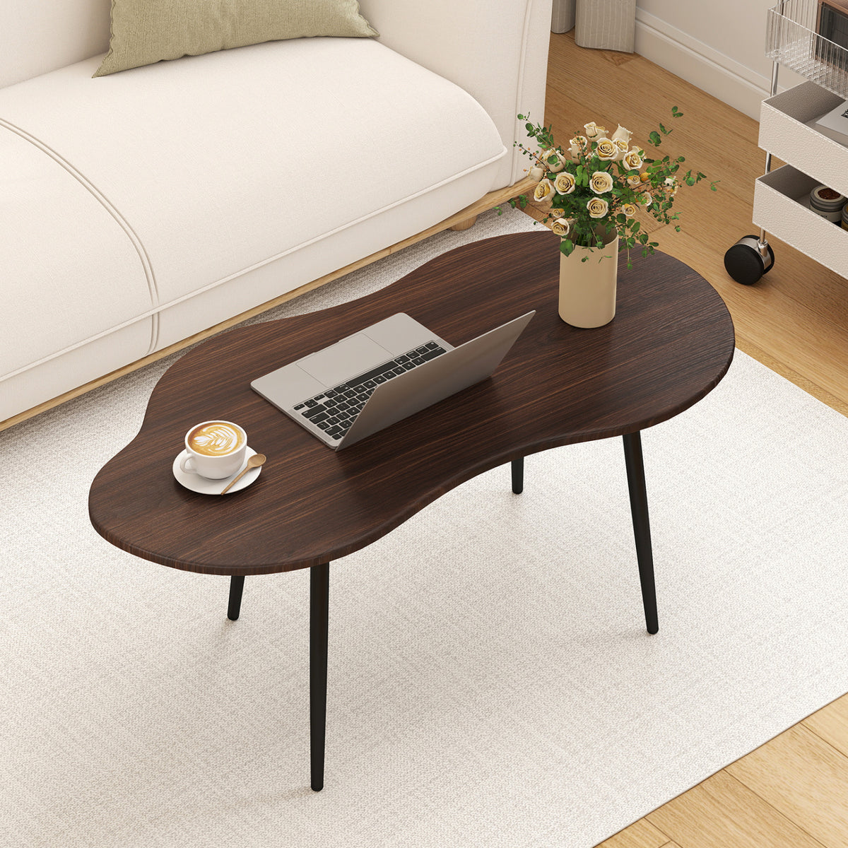 Cloud Shape Coffee Table 39.5 inch Irregular Center Table with Metal Frame-Walnut