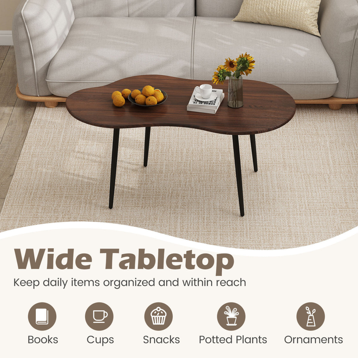 Cloud Shape Coffee Table 39.5 inch Irregular Center Table with Metal Frame-Walnut