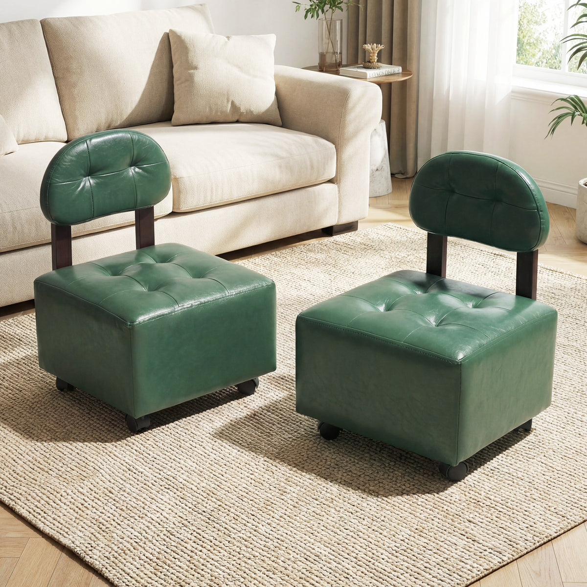 Small Rolling Footrest Stools Set of 2 with Lockable Wheels-Green