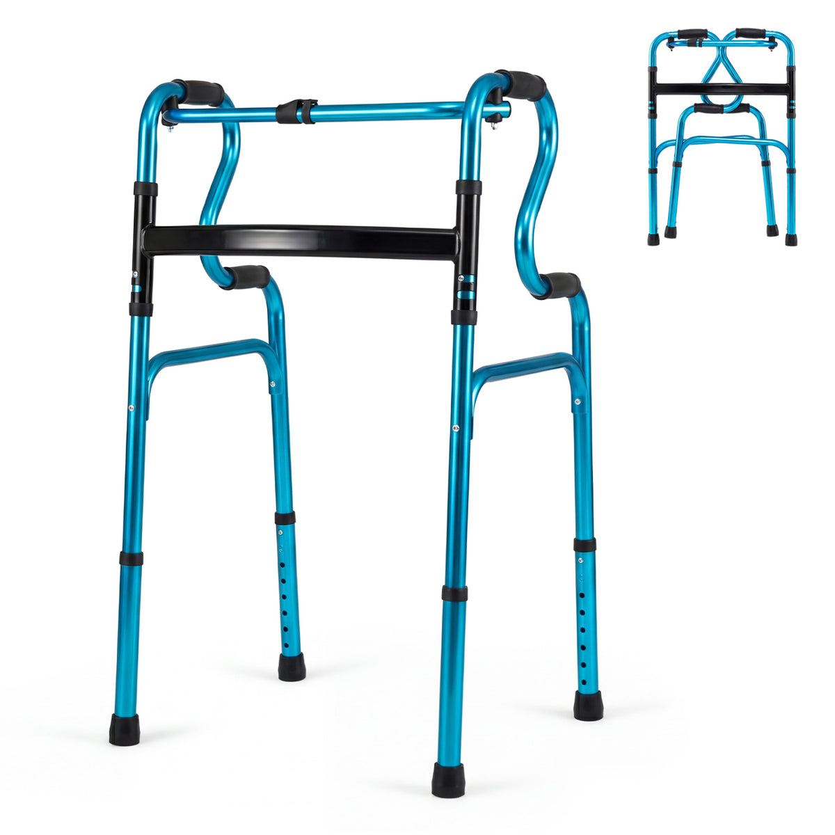 One-Button Folding Aluminum Walking Frame Walker Folding Walker for Seniors and Limited Mobility Users-Navy
