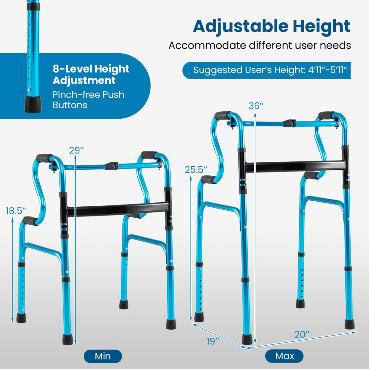 One-Button Folding Aluminum Walking Frame Walker Folding Walker for Seniors and Limited Mobility Users-Navy