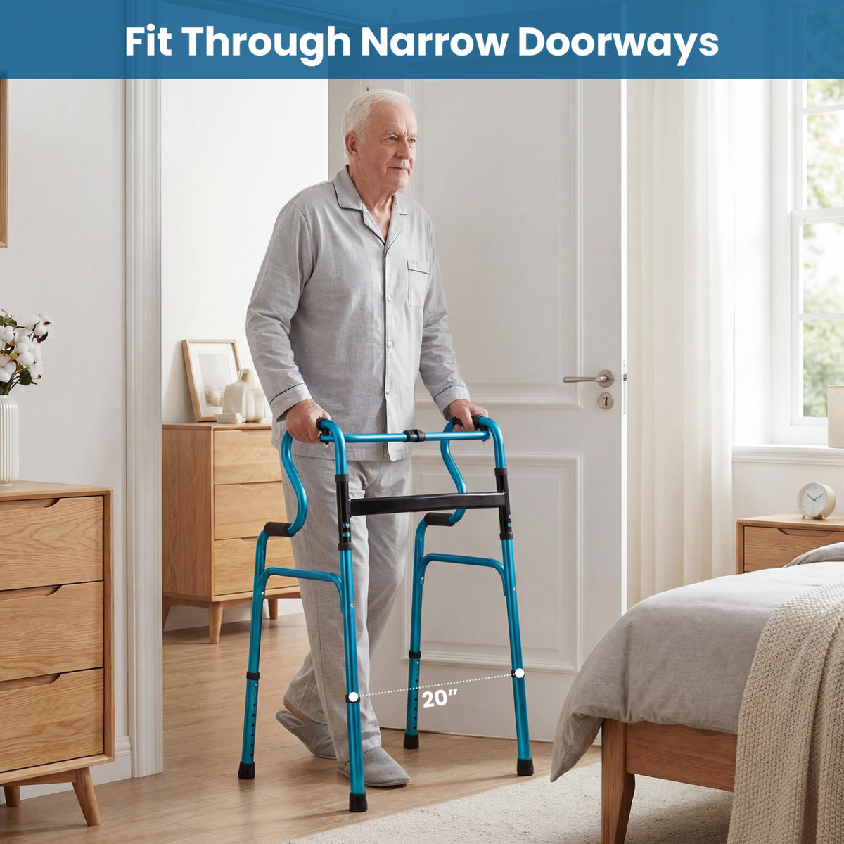 One-Button Folding Aluminum Walking Frame Walker Folding Walker for Seniors and Limited Mobility Users-Navy