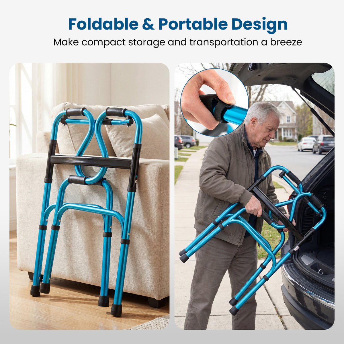 One-Button Folding Aluminum Walking Frame Walker Folding Walker for Seniors and Limited Mobility Users-Navy