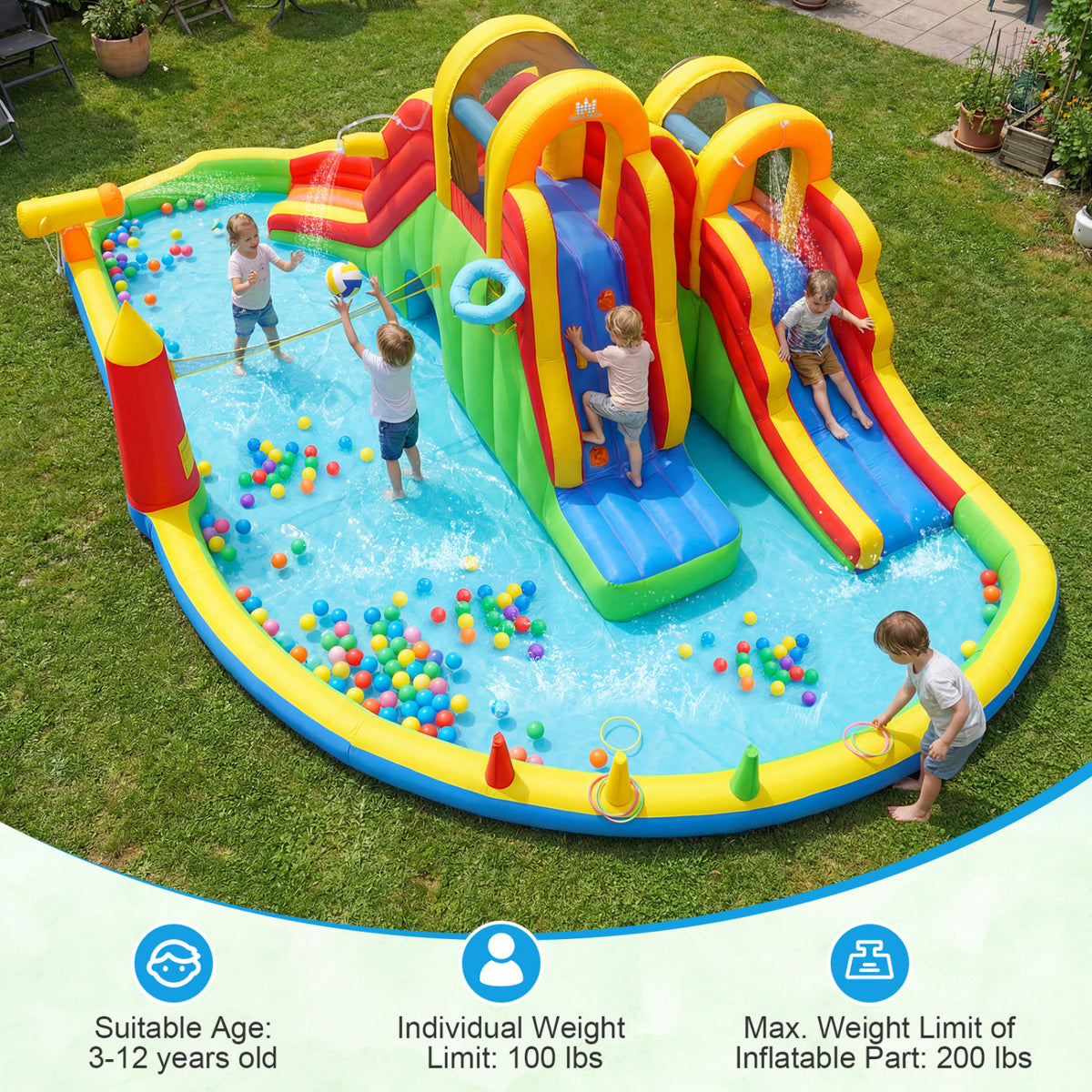 8-in-1 Giant Bounce House with 2 Long Slides and Climbing Walls for Yard Party