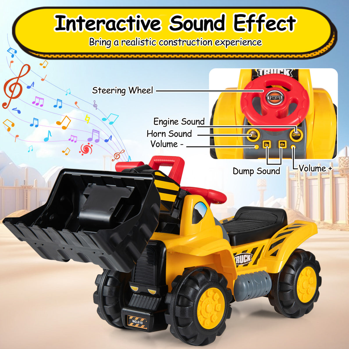 3-in-1 Ride on Excavator Bulldozer Detachable with Engine Sound and Helmet