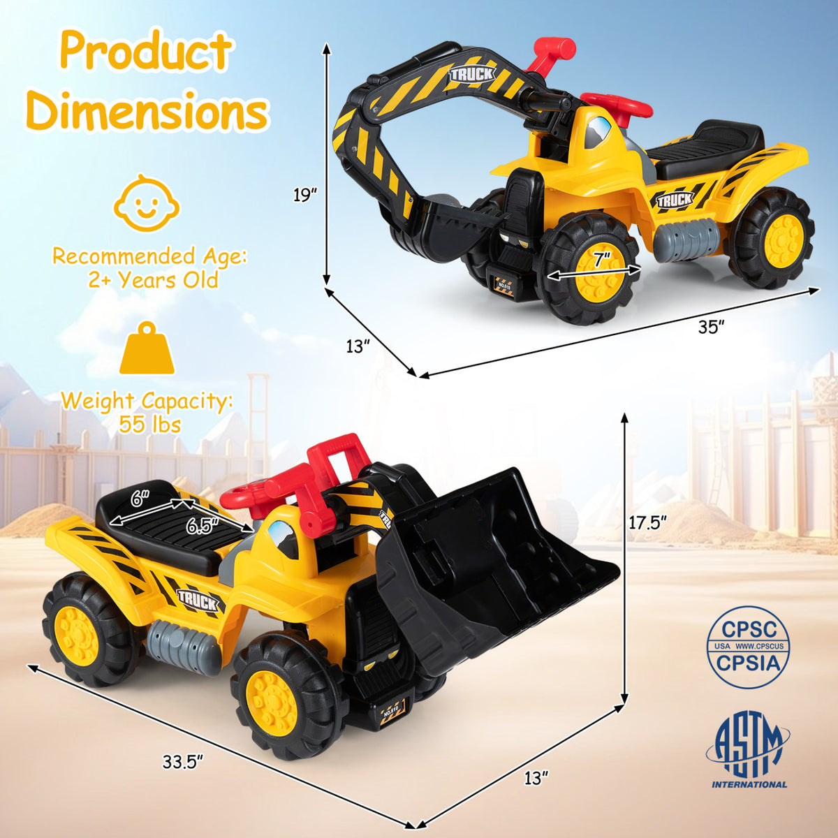 3-in-1 Ride on Excavator Bulldozer Detachable with Engine Sound and Helmet