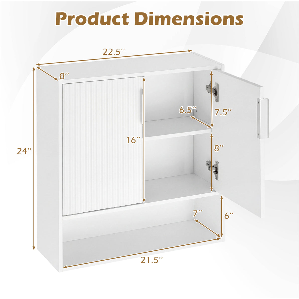 Bathroom Wall Cabinet with 2 Fluted Doors and Open Cube and Adjustable Shelf-White