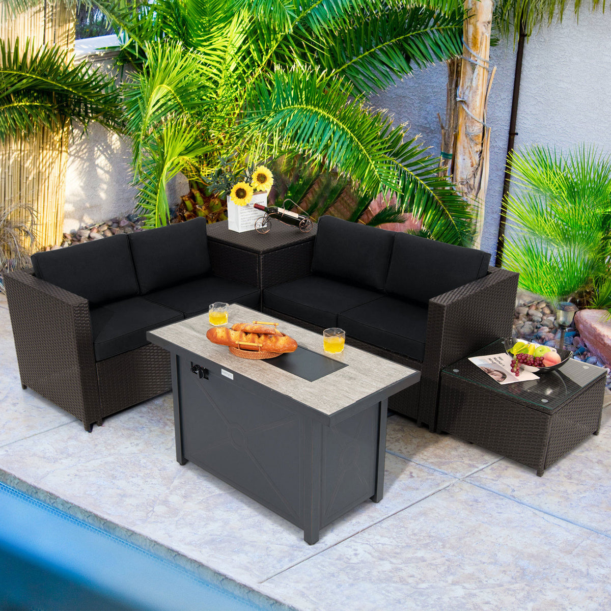 5-Piece Patio Furniture Set with Propane Fire Pit Table-Black