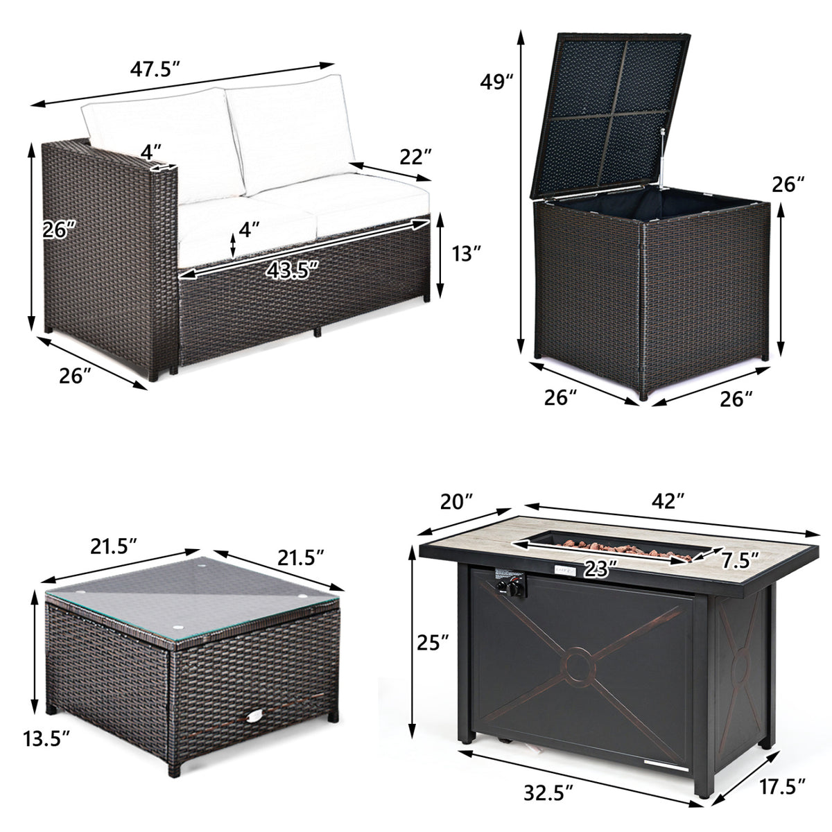 5-Piece Patio Furniture Set with Propane Fire Pit Table-Black