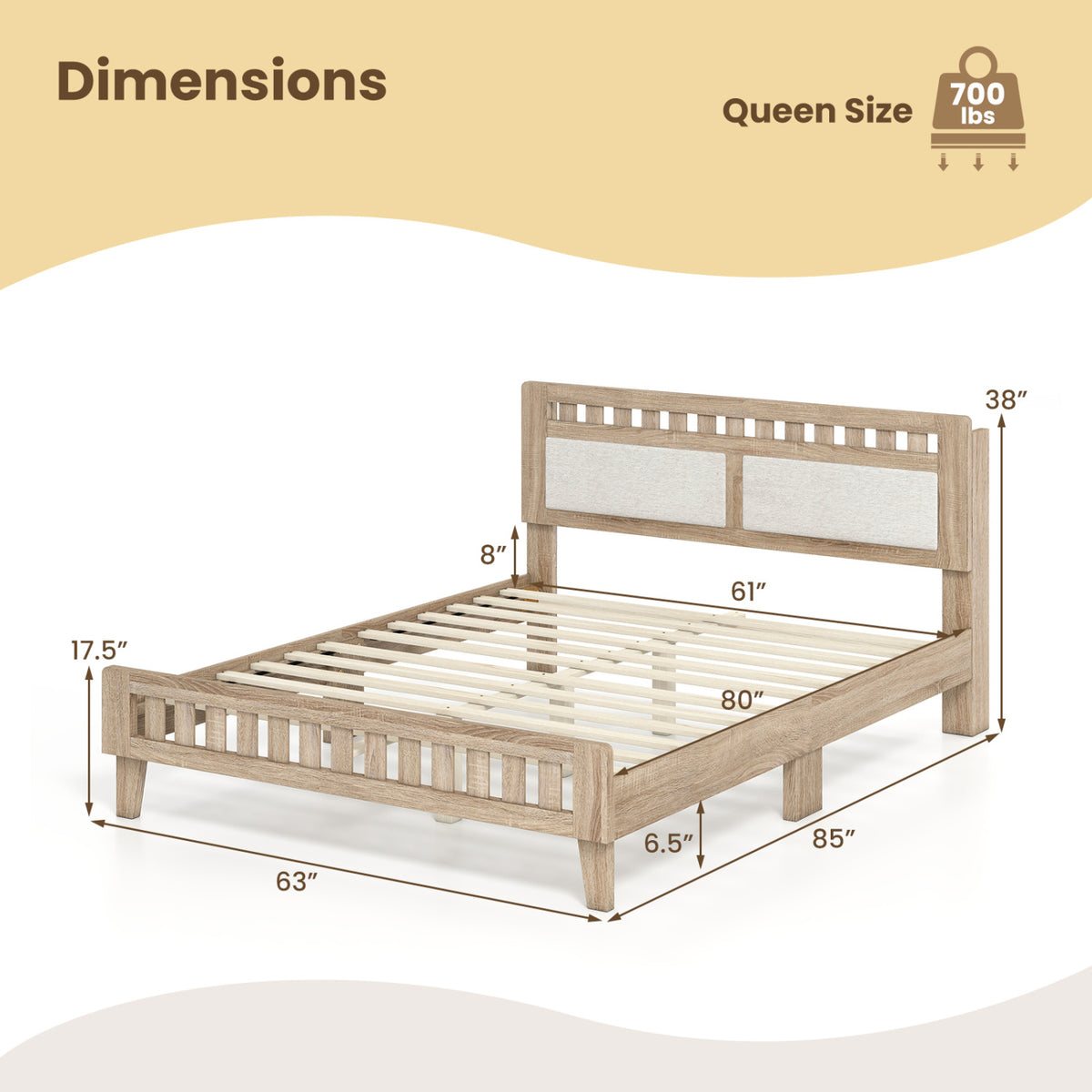 Queen Wood Bed Frame with Upholstered Headboard-Natural