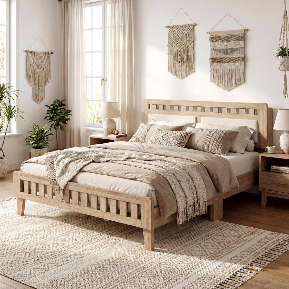 Queen Wood Bed Frame with Upholstered Headboard-Natural