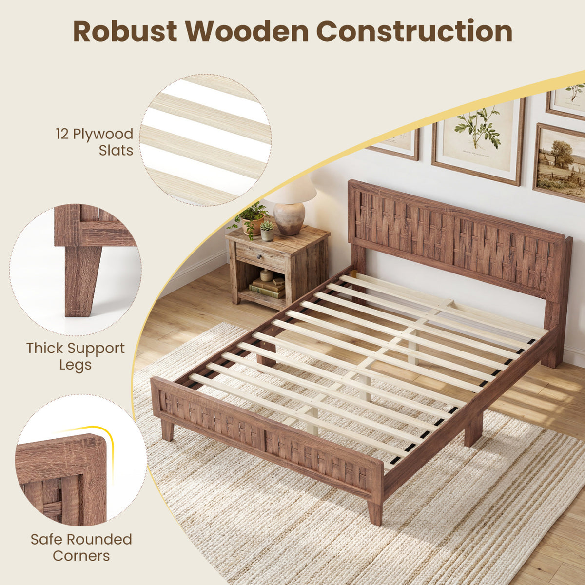 Mid Century Queen Size Bed Frame with Woven Accent Headboard-Natural