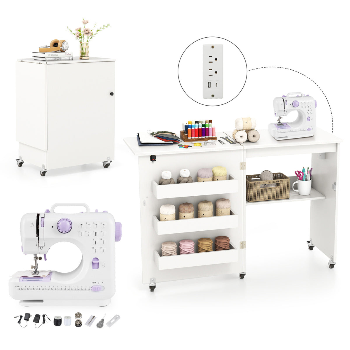 Sewing Machine and Table Set with Charging Station Folding Craft Desk and Beginner Sewing Machine