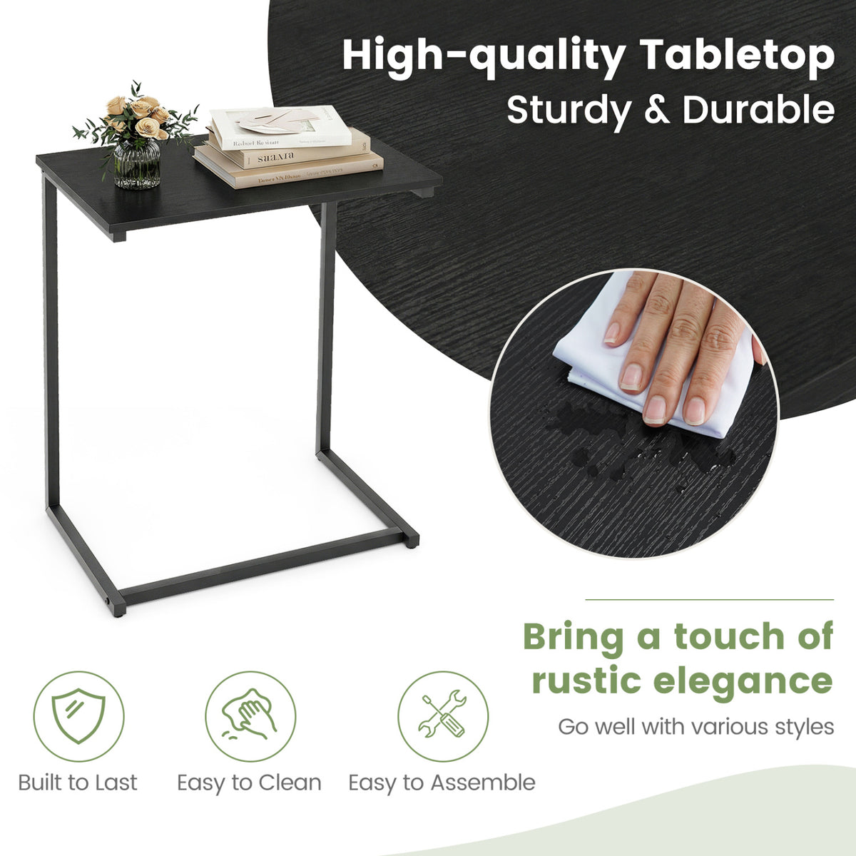 C-Shaped Side Table Sofa Snack End Table with Metal Frame-Black