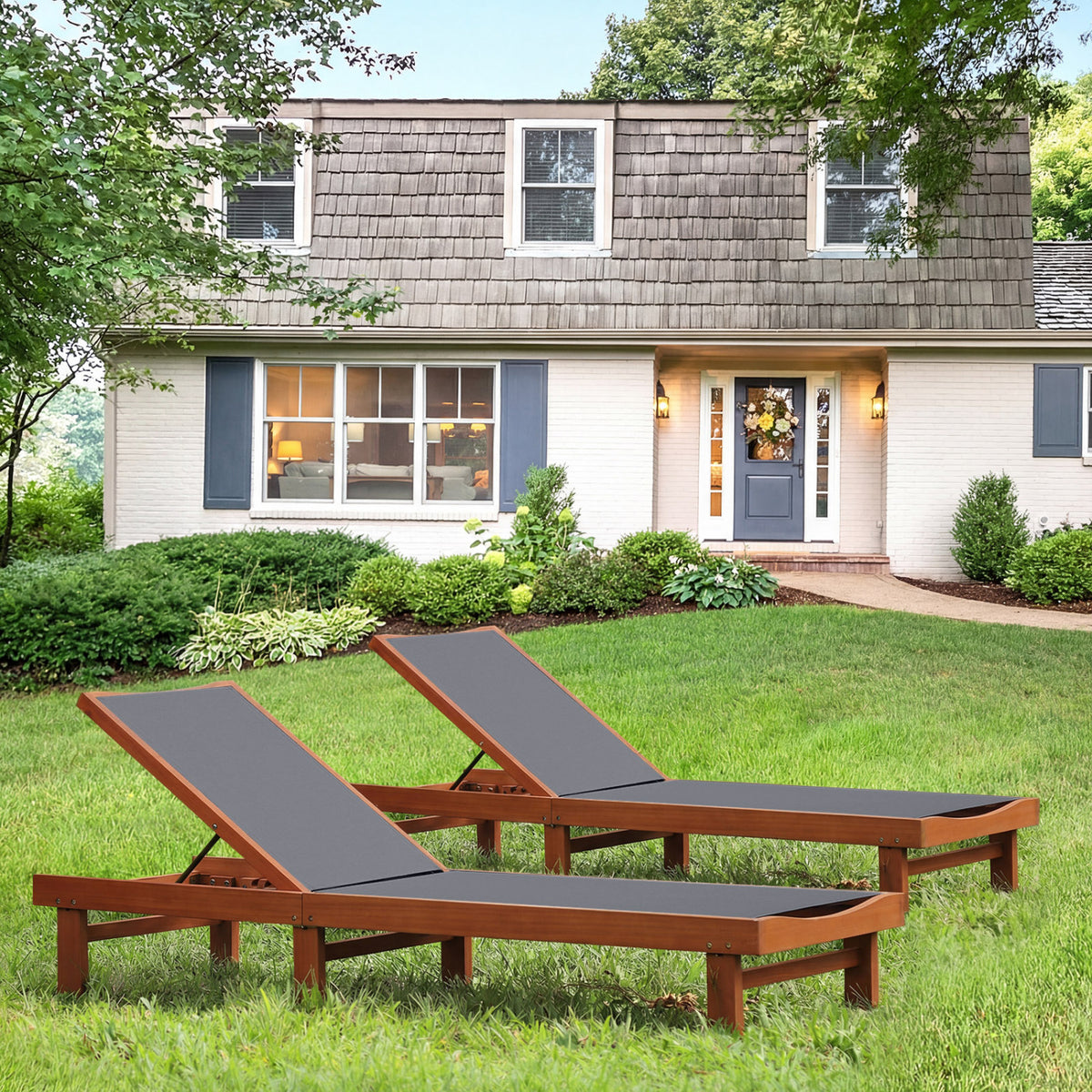 Adjustable Outdoor Wood Chaise Lounge Chair with 5-Postion Backrest-Gray