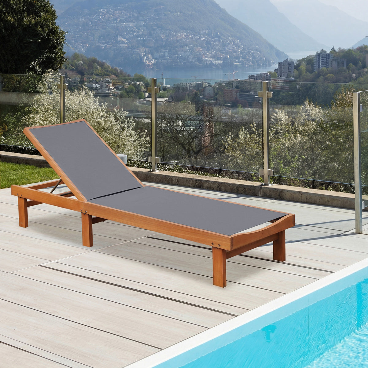 Adjustable Outdoor Wood Chaise Lounge Chair with 5-Postion Backrest-Gray