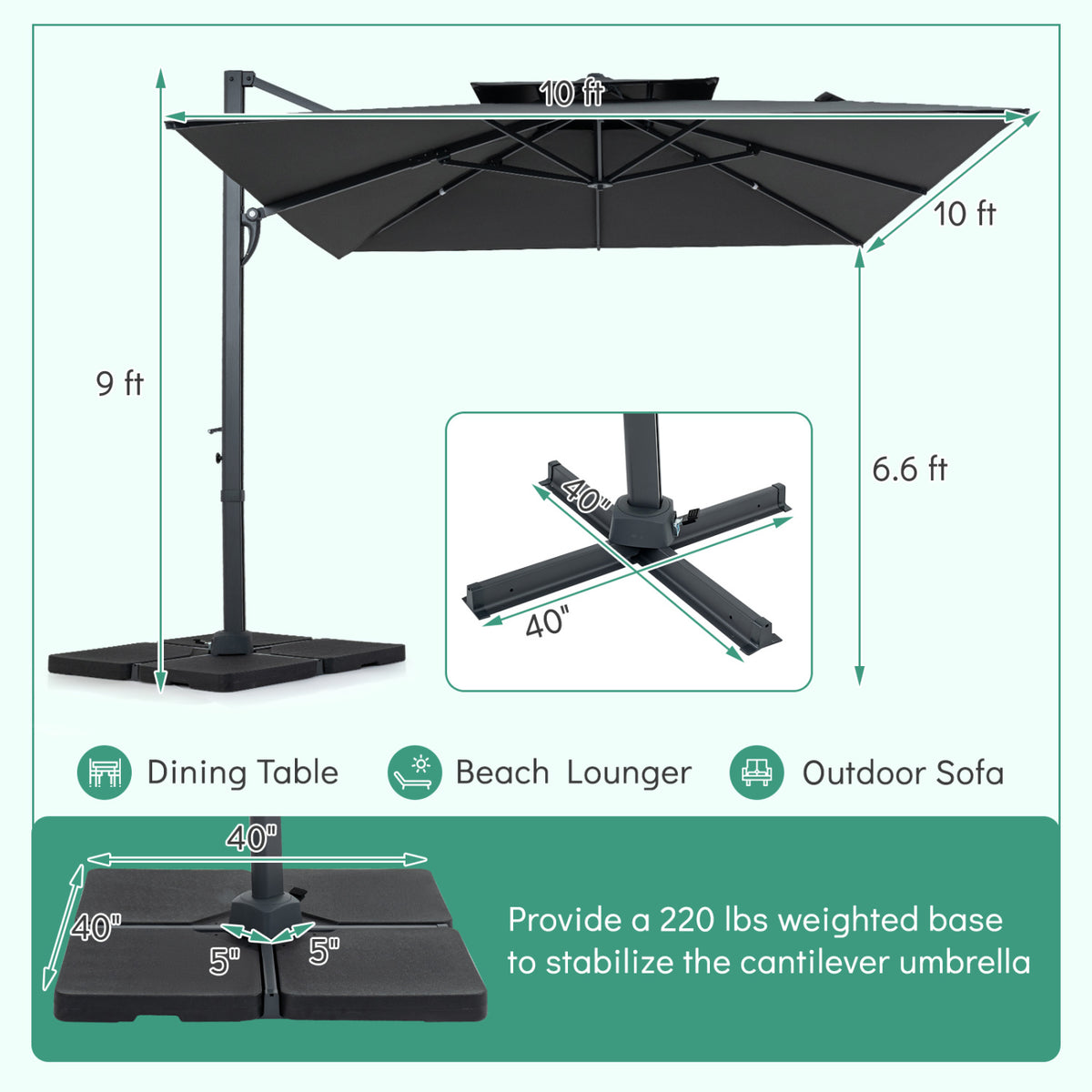 10 FT Aluminum Pole Patio Cantilever Umbrella with 220 LBS Base-Gray