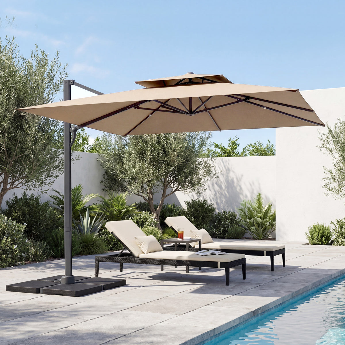 10 FT Aluminum Pole Patio Cantilever Umbrella with 220 LBS Base-Brown
