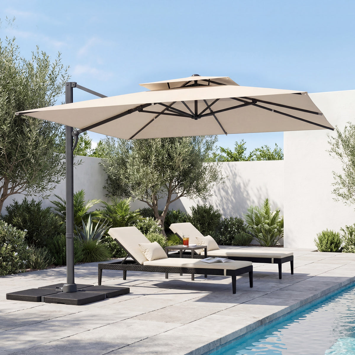10 FT Aluminum Pole Patio Cantilever Umbrella with 220 LBS Base-Beige