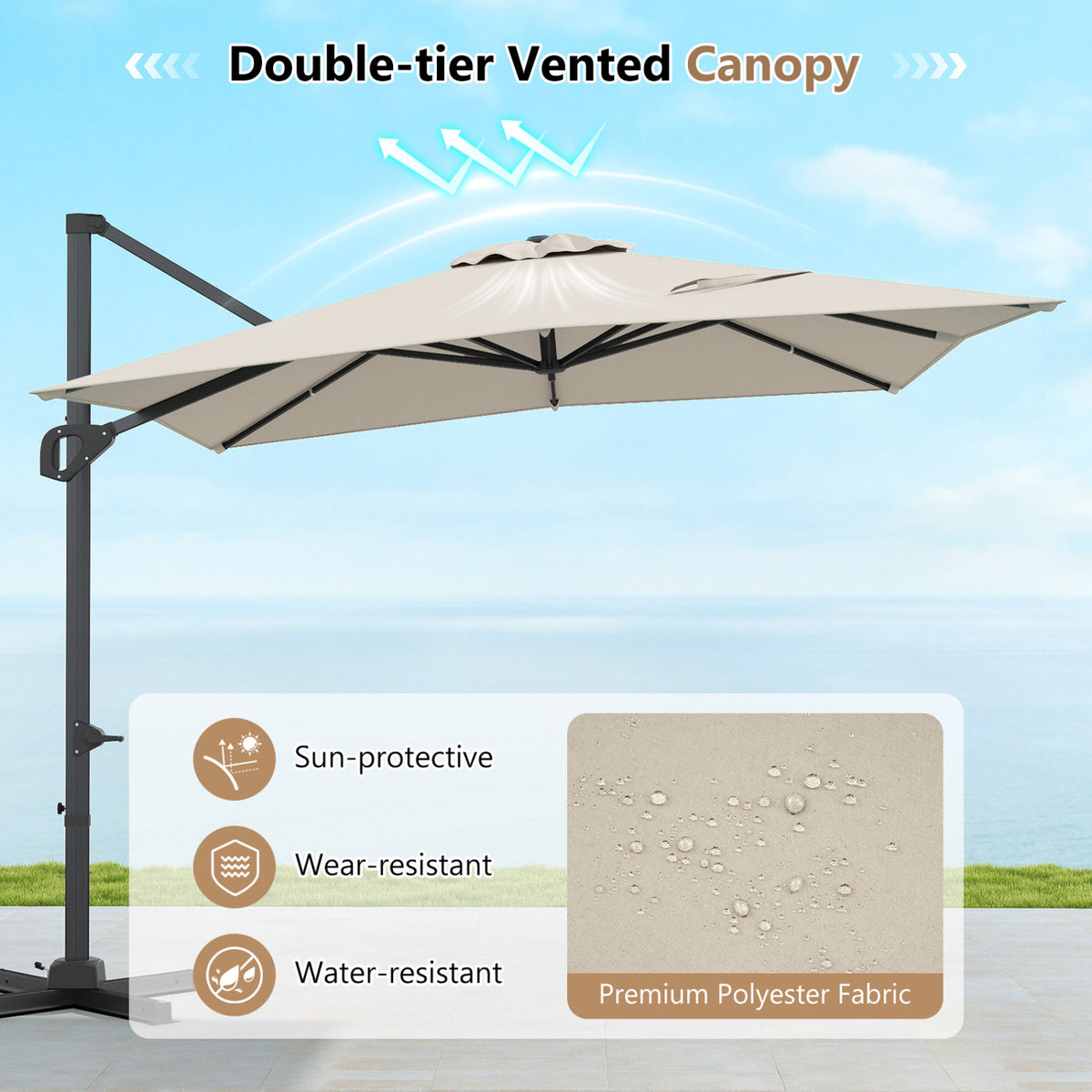 11 x 9 FT Aluminum Pole Outdoor Offset Hanging Umbrella with 220 LBS Base-Beige