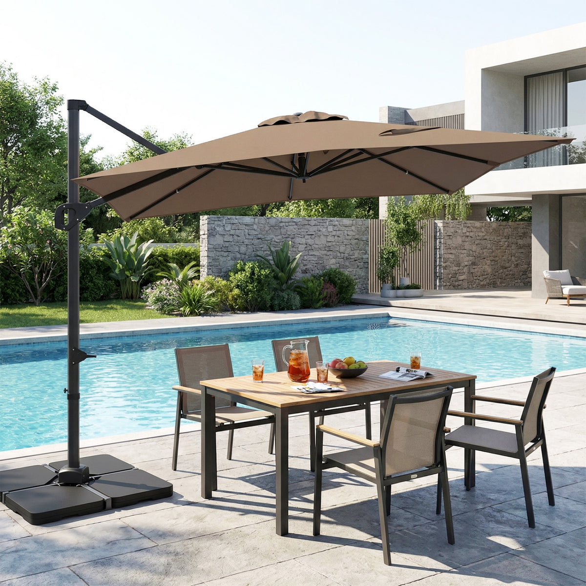 11 x 9 FT Aluminum Pole Outdoor Offset Hanging Umbrella with 220 LBS Base-Brown
