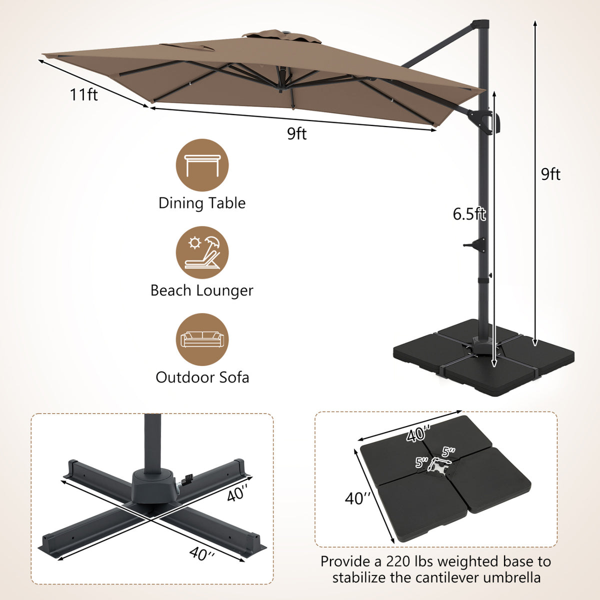 11 x 9 FT Aluminum Pole Outdoor Offset Hanging Umbrella with 220 LBS Base-Brown