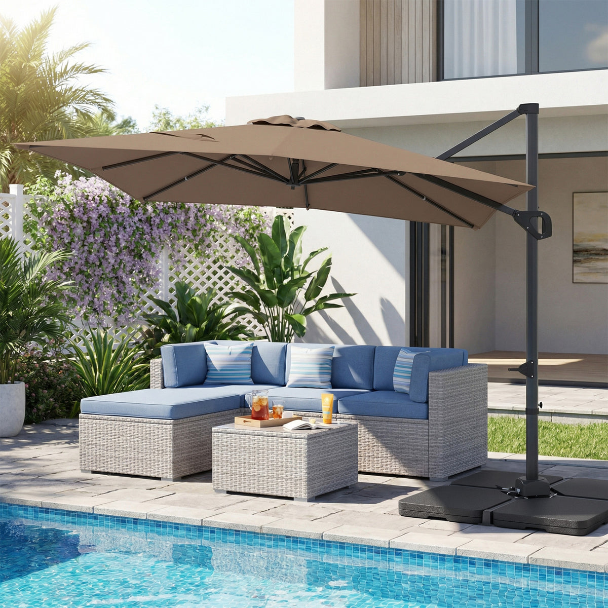 11 x 9 FT Aluminum Pole Outdoor Offset Hanging Umbrella with 220 LBS Base-Brown