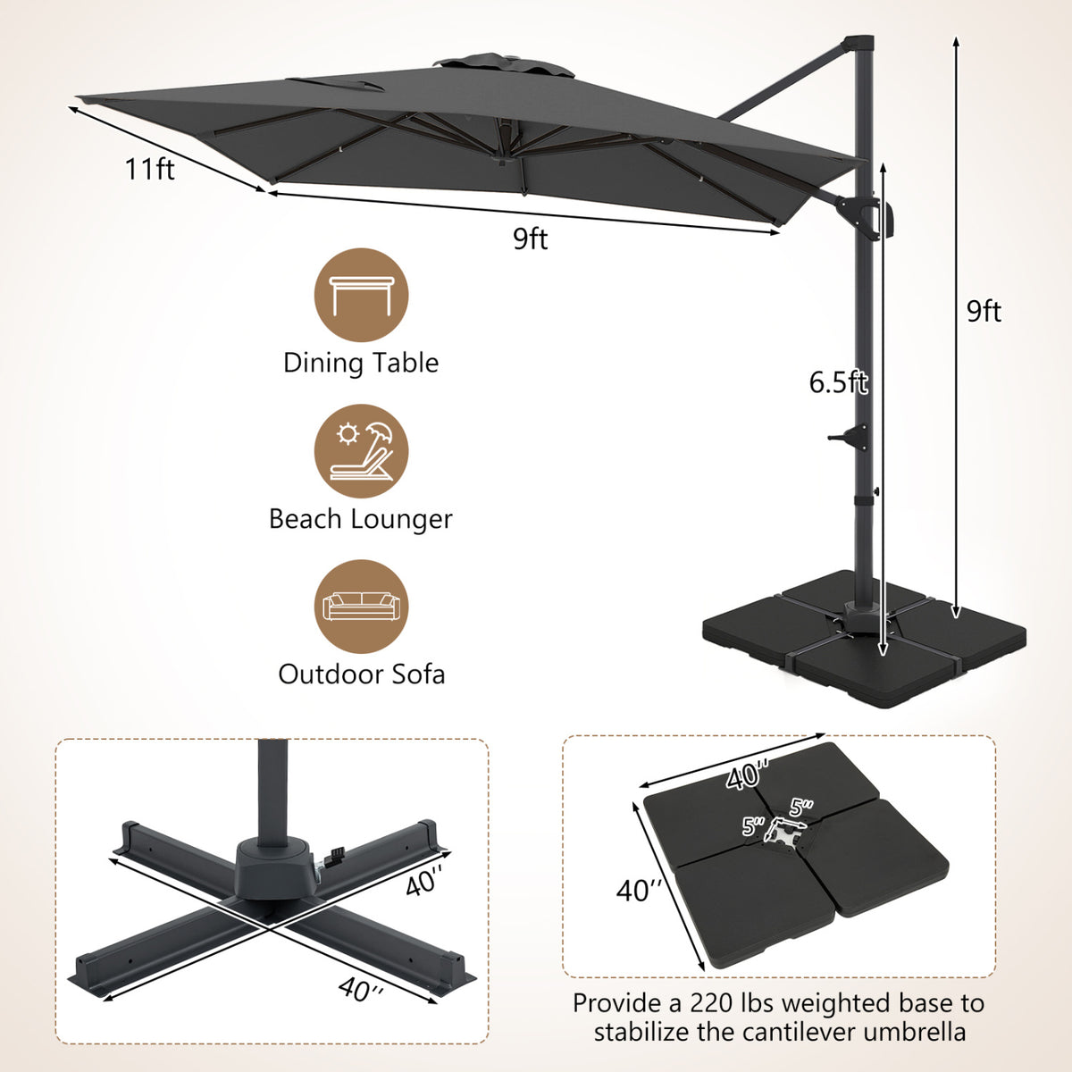 11 x 9 FT Aluminum Pole Outdoor Offset Hanging Umbrella with 220 LBS Base-Gray