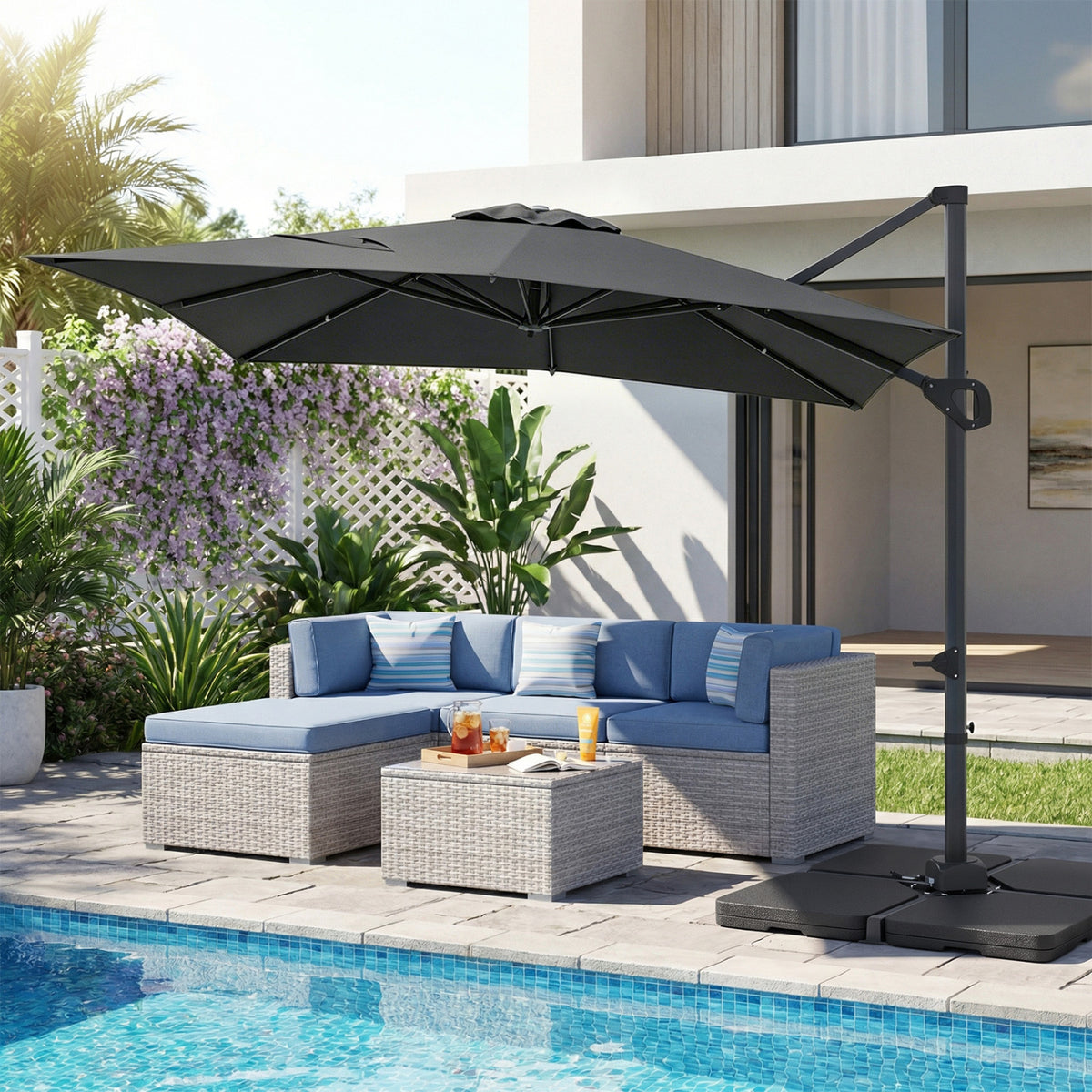 11 x 9 FT Aluminum Pole Outdoor Offset Hanging Umbrella with 220 LBS Base-Gray