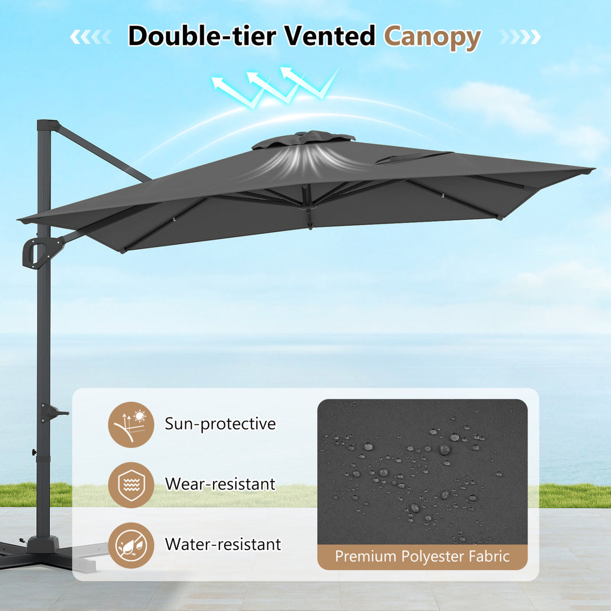 11 x 9 FT Aluminum Pole Outdoor Offset Hanging Umbrella with 220 LBS Base-Gray