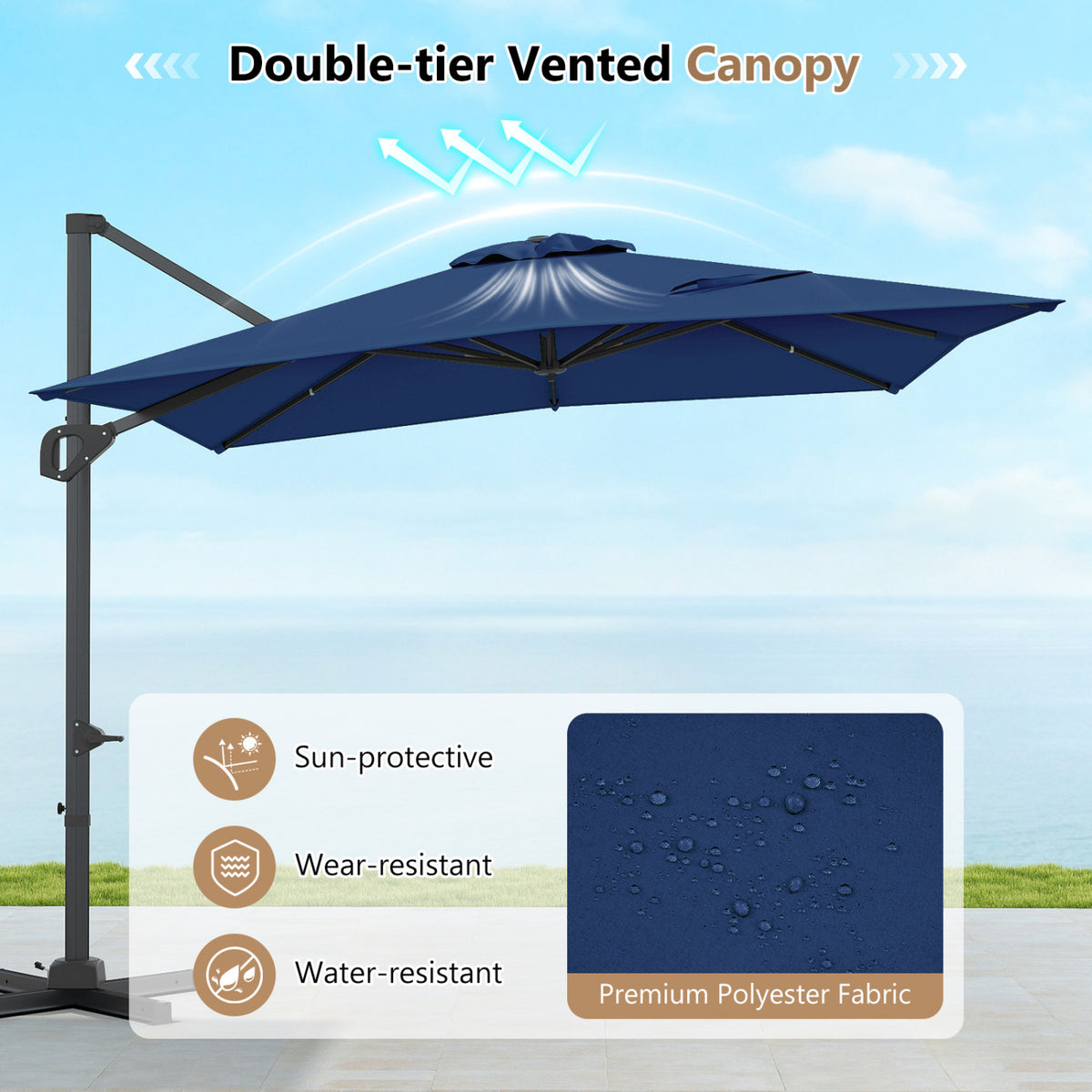 11 x 9 FT Aluminum Pole Outdoor Offset Hanging Umbrella with 220 LBS Base-Dark Blue