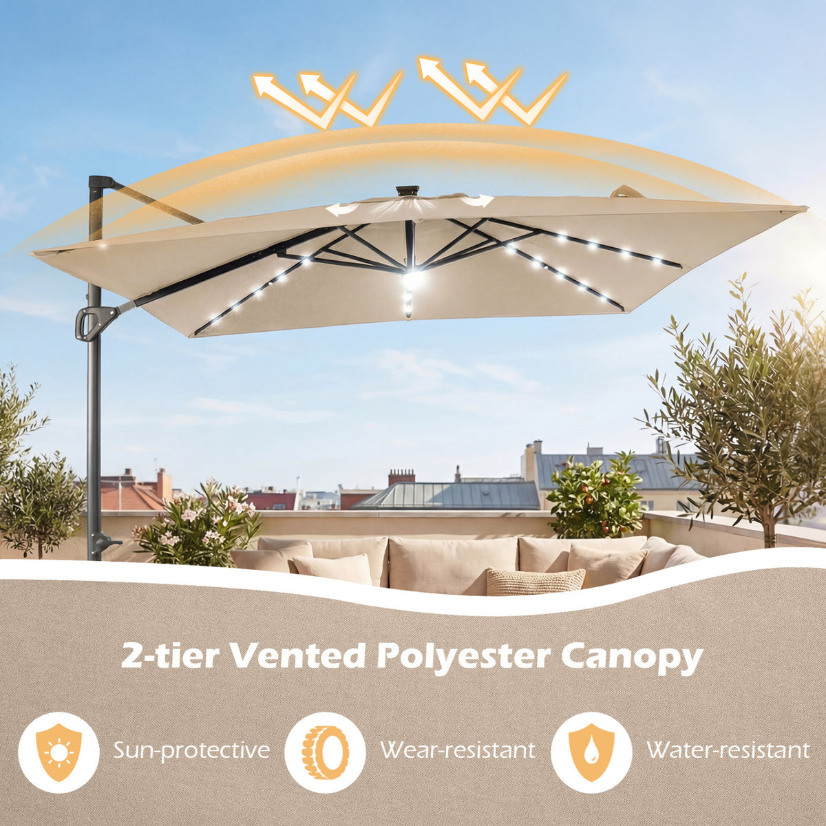 10 FT Cantilever Patio Umbrella with 32 Solar LED Lights and 220 LBS Base-Beige