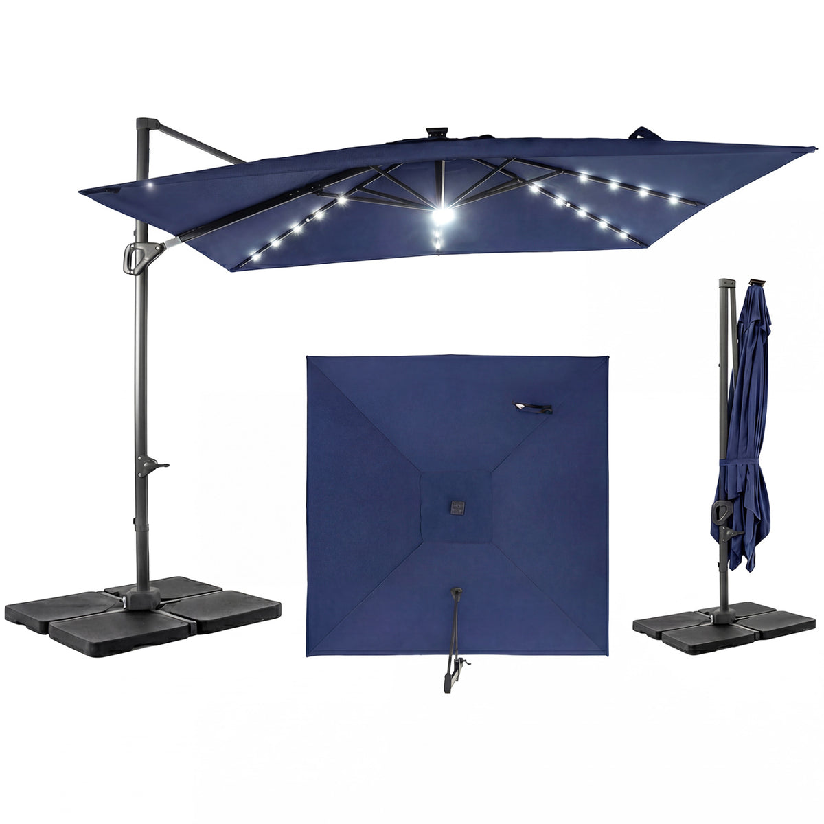10 FT Cantilever Patio Umbrella with 32 Solar LED Lights and 220 LBS Base-Dark Blue