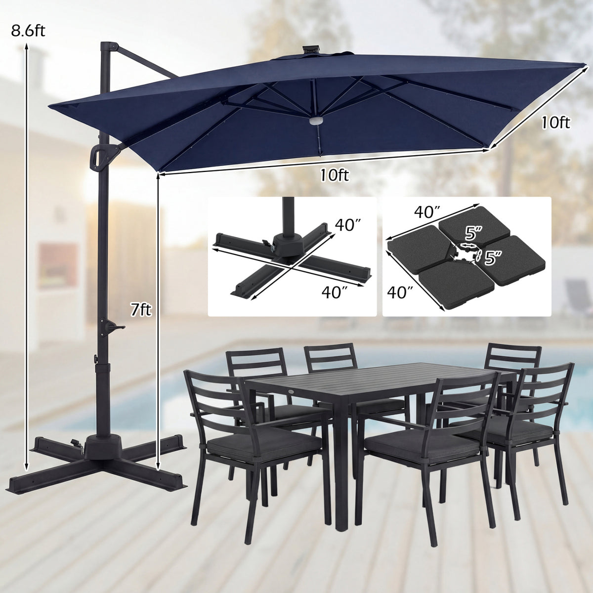 10 FT Cantilever Patio Umbrella with 32 Solar LED Lights and 220 LBS Base-Dark Blue