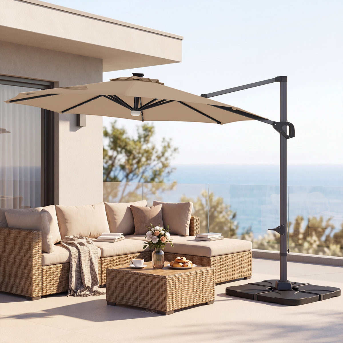 10 FT Cantilever Patio Umbrella with 35 Solar LED Lights and 220 LBS Base-Brown