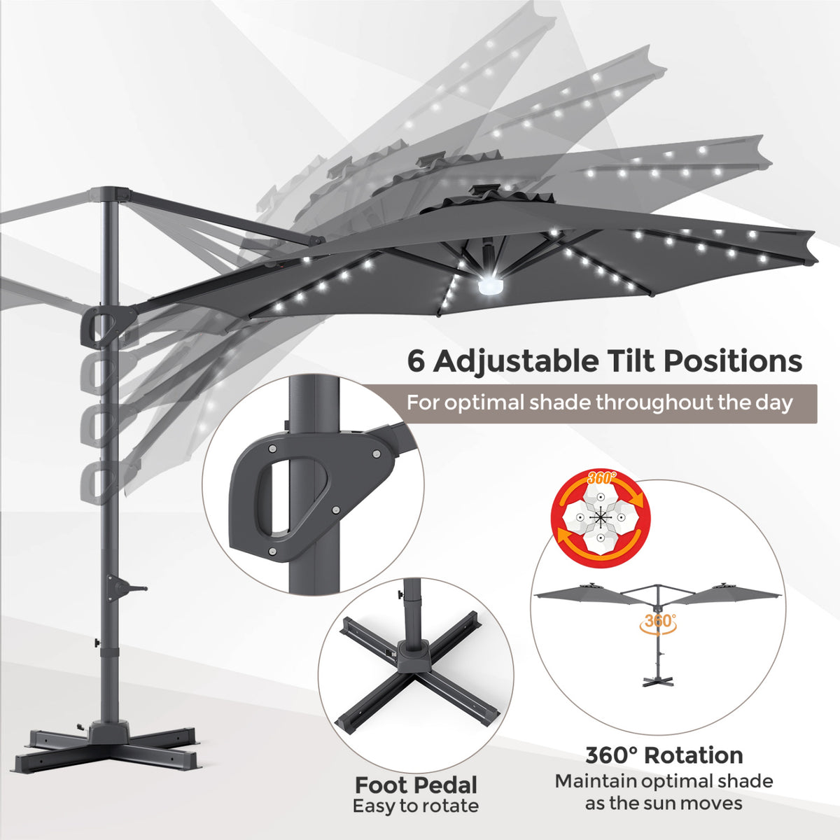 10 FT Cantilever Patio Umbrella with 35 Solar LED Lights and 220 LBS Base-Gray