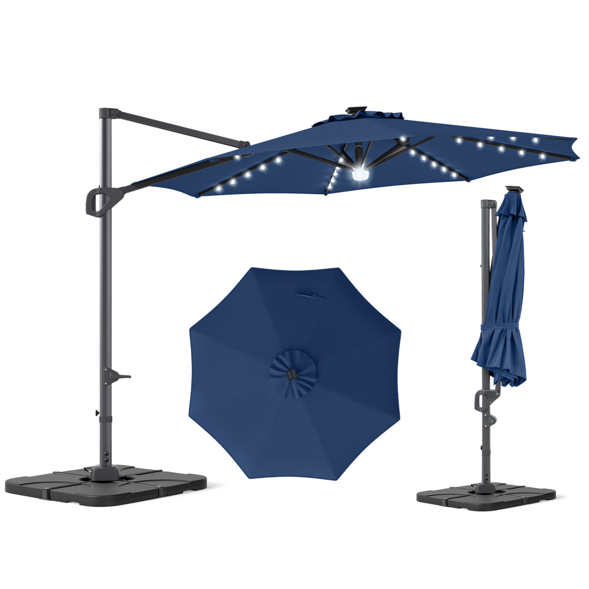 10 FT Cantilever Patio Umbrella with 35 Solar LED Lights and 220 LBS Base-Dark Blue