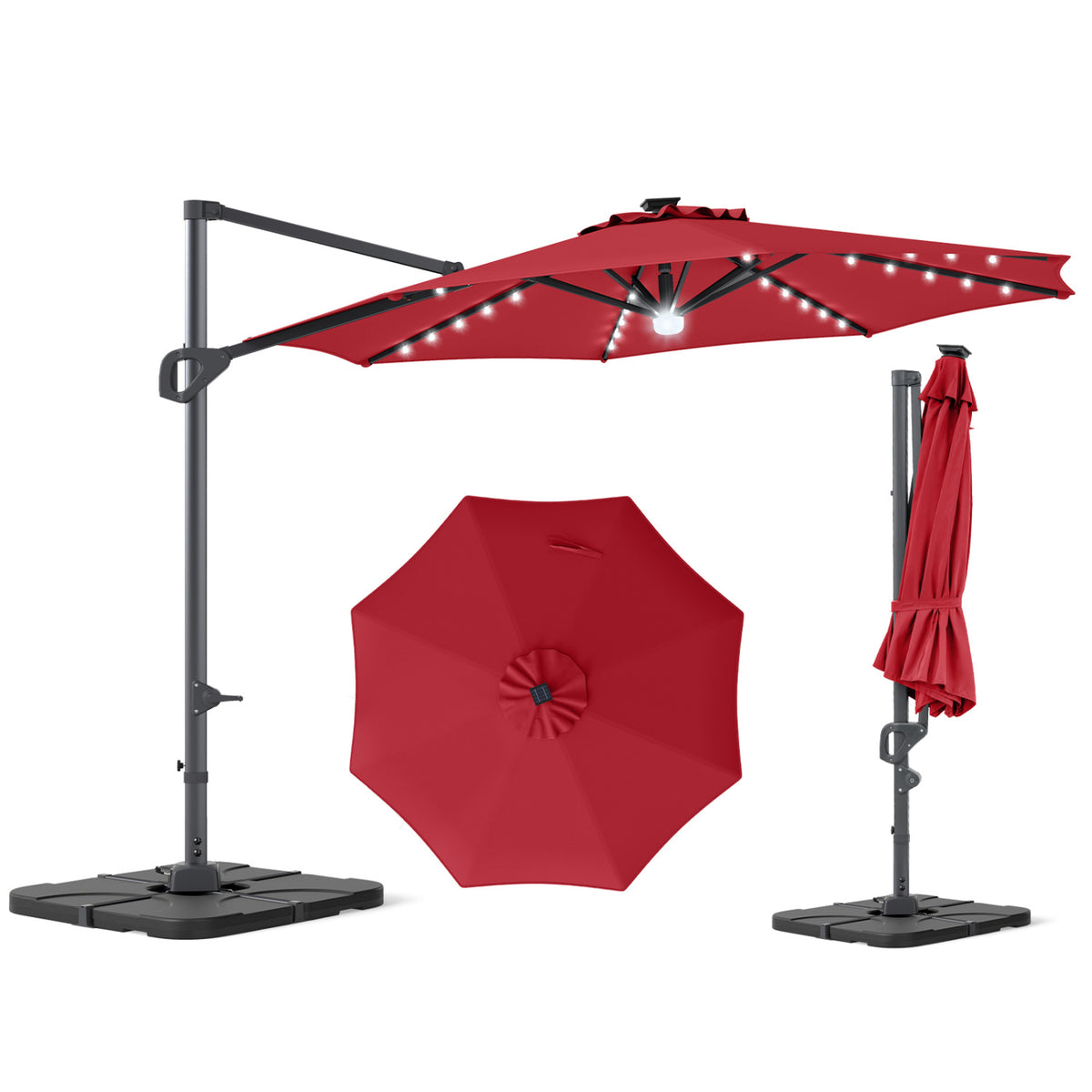 10 FT Cantilever Patio Umbrella with 35 Solar LED Lights and 220 LBS Base-Red