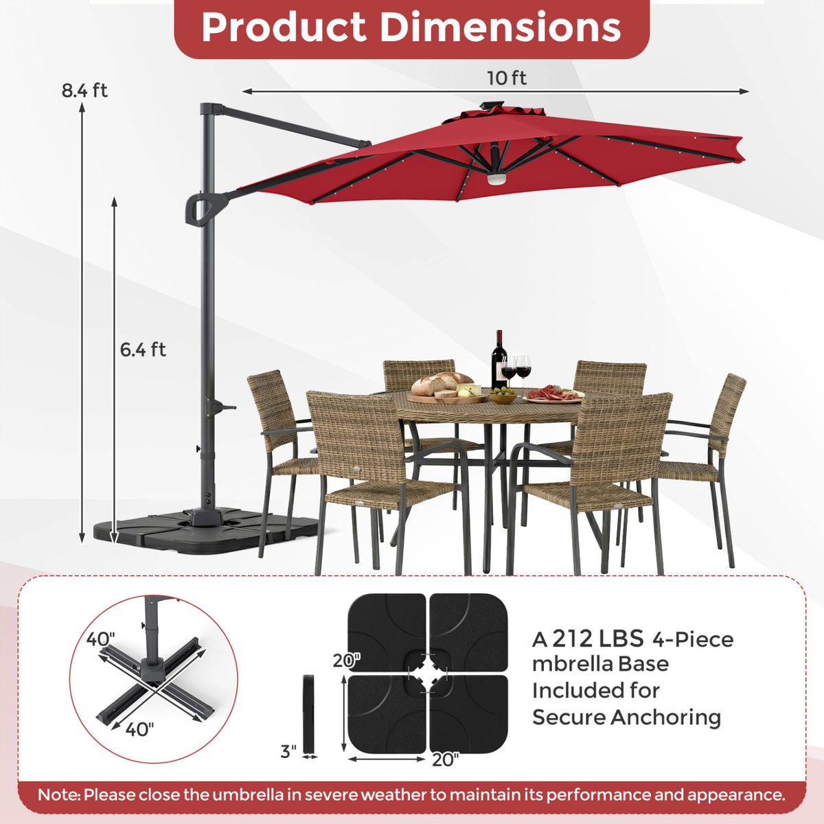 10 FT Cantilever Patio Umbrella with 35 Solar LED Lights and 220 LBS Base-Red