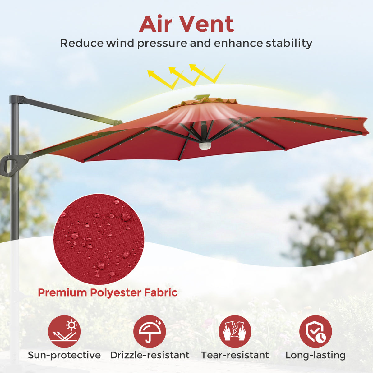 10 FT Cantilever Patio Umbrella with 35 Solar LED Lights and 220 LBS Base-Red