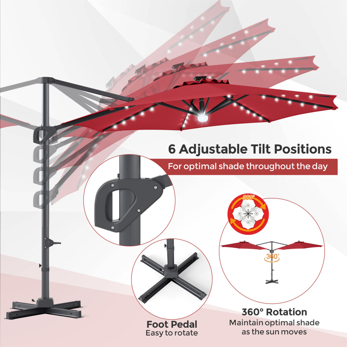 10 FT Cantilever Patio Umbrella with 35 Solar LED Lights and 220 LBS Base-Red