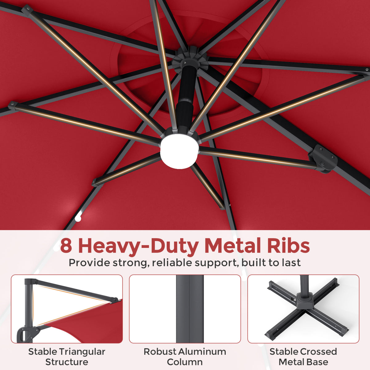 10 FT Cantilever Patio Umbrella with 35 Solar LED Lights and 220 LBS Base-Red