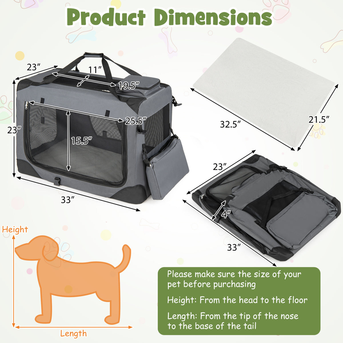 Collapsible Soft Dog Crate Travel Crate with Mesh Windows and 3 Doors-L