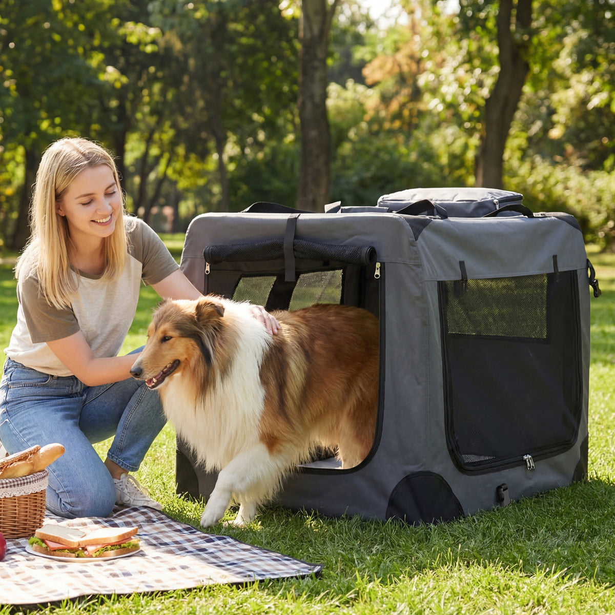 Collapsible Soft Dog Crate Travel Crate with Mesh Windows and 3 Doors-XL