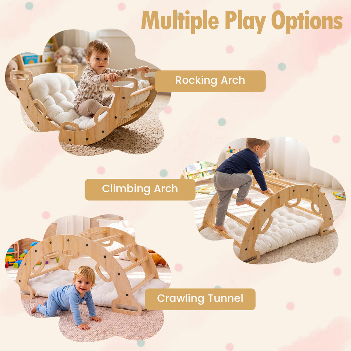 Wooden Rocking Climbing Arch with Cushion Montessori Kids Climber Rocker