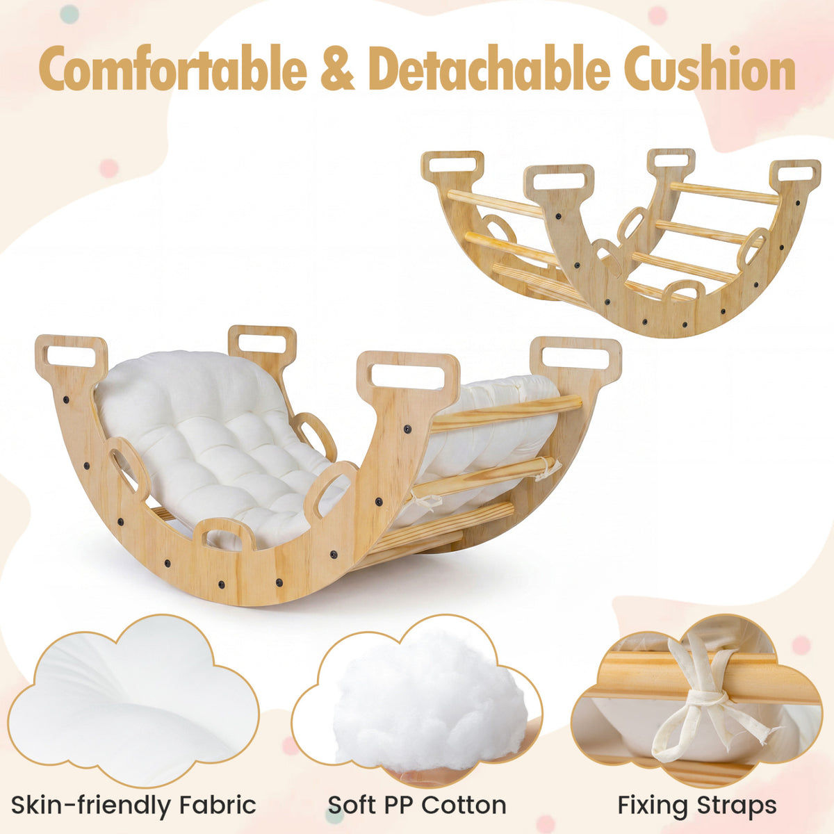 Wooden Rocking Climbing Arch with Cushion Montessori Kids Climber Rocker