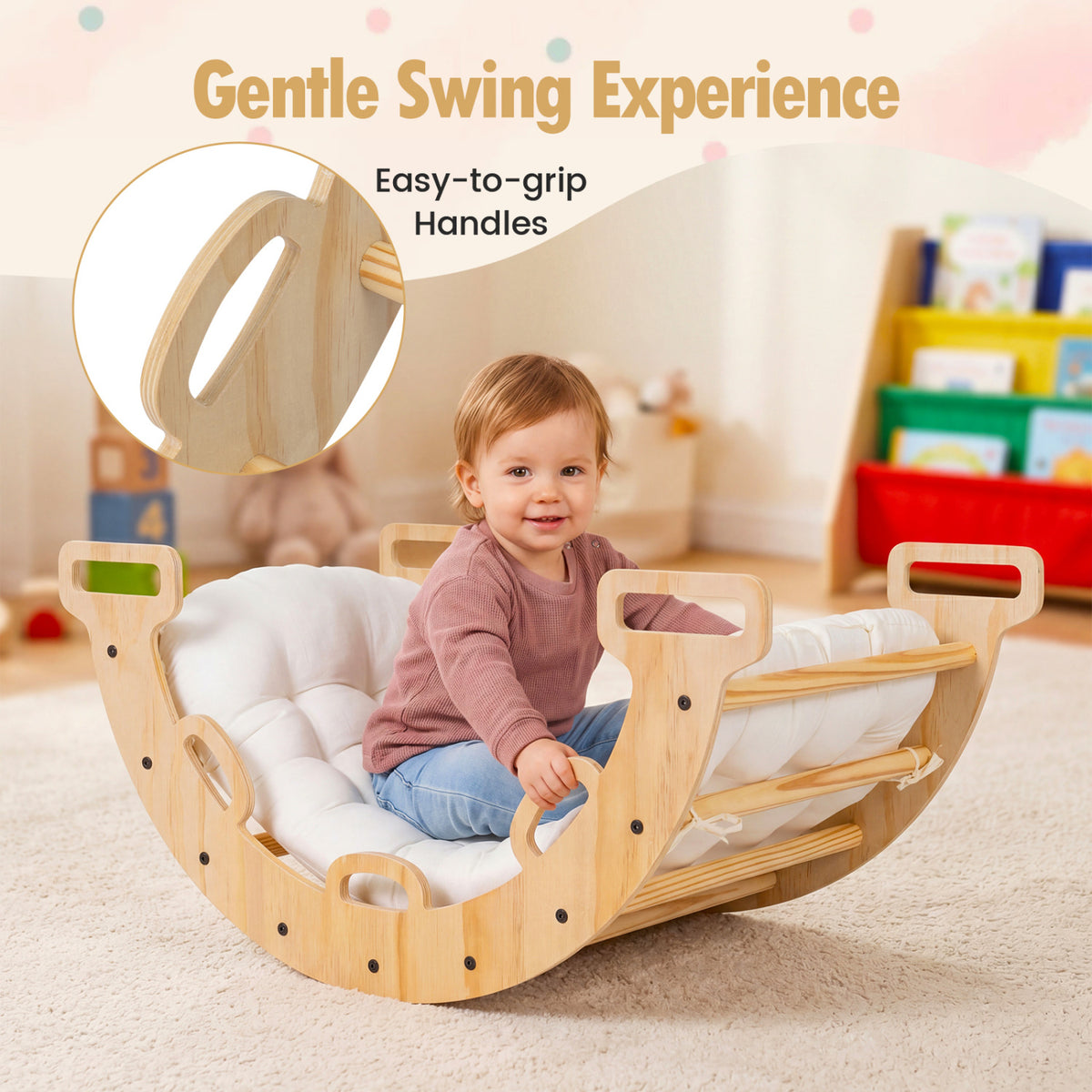 Wooden Rocking Climbing Arch with Cushion Montessori Kids Climber Rocker