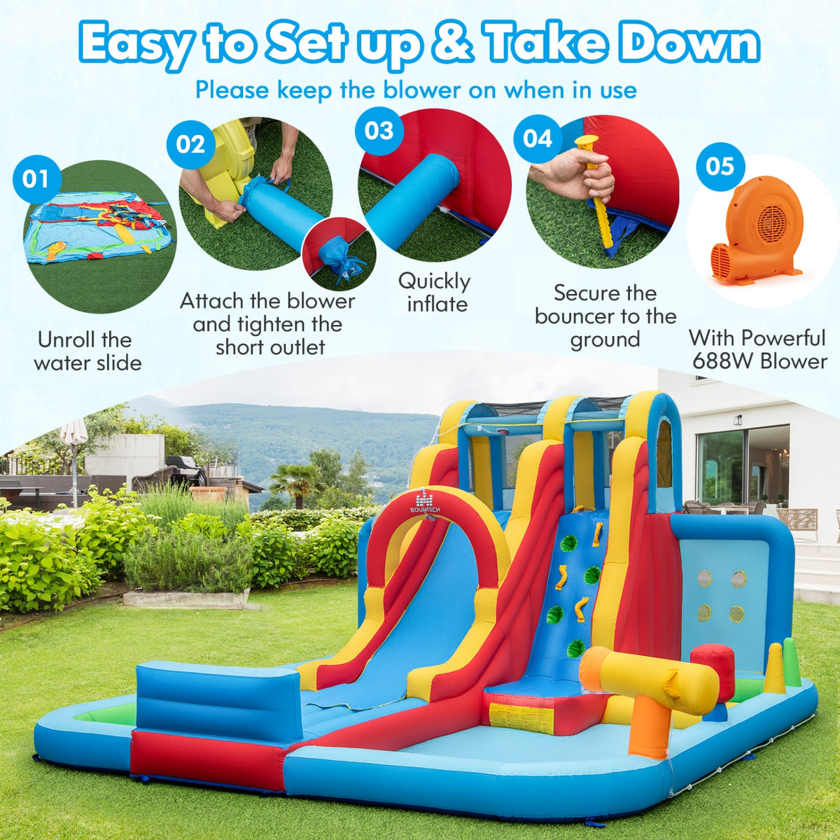 Ultimate Backyard Summer Oasis Set: 6-Pc Patio Rattan Furniture Inflatable Water Slide Park with 680W Blower