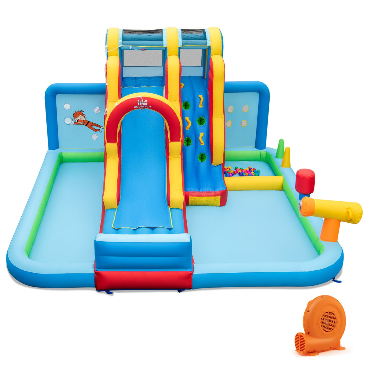 Ultimate Backyard Summer Oasis Set: 6-Pc Patio Rattan Furniture Inflatable Water Slide Park with 680W Blower